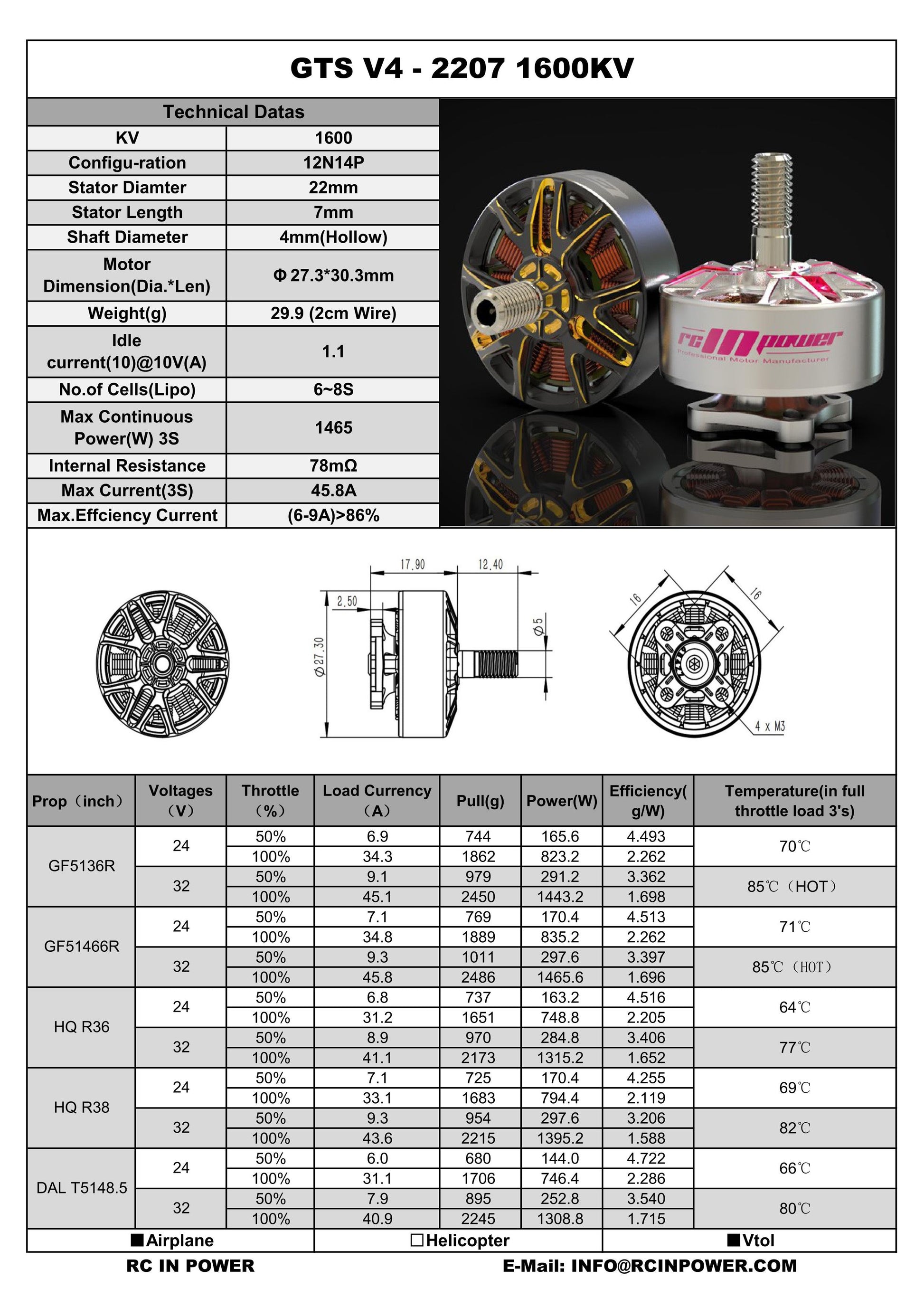 RCINPOWER GTS V4 2207 1600KV BRUSHLESS FPV DRONE MOTOR - BLACK/GOLD FPVSTORERC