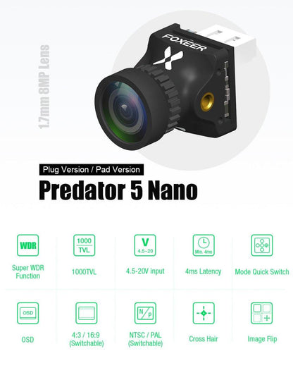 Foxeer Predator 5 Nano Racing Camera 4ms Latency w/ 1000TVL 1.7mm Lens - Choose Version / Color Foxeer